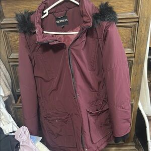 Express Red Puffer Jacket with Fur-Trimmed Hood